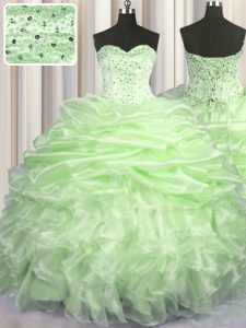 Organza Sleeveless With Train Quinceanera Gown Brush Train and Beading and Ruffles and Pick Ups
