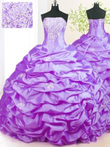 Edgy Lavender Ball Gowns Strapless Sleeveless Taffeta With Train Sweep Train Lace Up Beading Quinceanera Gown