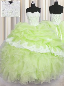 Yellow Green Ball Gowns Sweetheart Sleeveless Organza Floor Length Lace Up Beading and Appliques and Ruffles and Pick Up