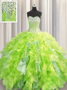 Charming Visible Boning Yellow Green Sweetheart Lace Up Beading and Ruffles and Sequins Quinceanera Dresses Sleeveless