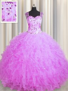 Most Popular See Through Zipper Up Organza Square Sleeveless Zipper Beading and Ruffles Quinceanera Dress in Lilac