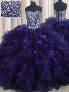 Glorious Organza Sweetheart Sleeveless Brush Train Lace Up Beading and Ruffles Quinceanera Dresses in Purple