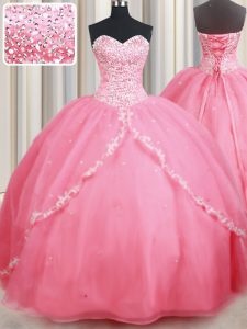 On Sale Brush Train Ball Gowns Quinceanera Gowns Watermelon Red Sweetheart Organza Sleeveless With Train Lace Up