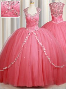 Fantastic Straps Cap Sleeves Tulle Sweet 16 Dresses Beading and Appliques Sweep Train Zipper