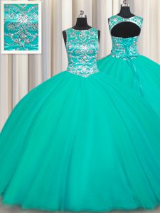 High Class Scoop Sleeveless Lace Up Sweet 16 Dress Turquoise Tulle