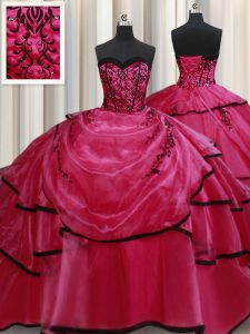 Red Ball Gowns Sweetheart Sleeveless Satin Floor Length Lace Up Beading and Appliques and Ruffled Layers Vestidos de Qui