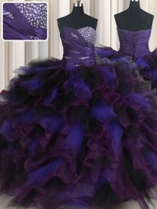 Edgy Sweetheart Sleeveless Quinceanera Gowns Floor Length Beading and Ruffles Multi-color Tulle