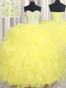 Simple Floor Length Ball Gowns Sleeveless Yellow Quinceanera Gown Lace Up