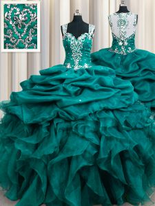 Fitting Straps Floor Length Teal 15 Quinceanera Dress Organza Sleeveless Beading and Ruffles and Pick Ups