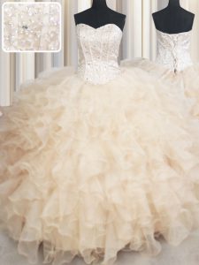 Glittering Champagne Lace Up Sweet 16 Quinceanera Dress Beading and Ruffles Sleeveless Floor Length