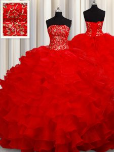 Beautiful Red Lace Up Vestidos de Quinceanera Beading and Embroidery and Ruffles Sleeveless Floor Length
