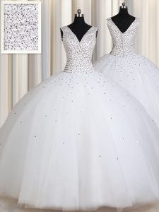 Inexpensive Straps White Sleeveless Floor Length Beading and Sequins Zipper Sweet 16 Quinceanera Dress