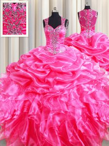 Romantic Straps Hot Pink Sleeveless Floor Length Beading and Ruffles and Pick Ups Zipper 15 Quinceanera Dress