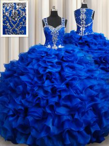 Royal Blue Organza Lace Up Straps Sleeveless Floor Length Quinceanera Gown Beading and Appliques and Ruffles