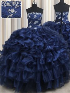 Modern Pick Ups Floor Length Navy Blue Sweet 16 Quinceanera Dress Strapless Sleeveless Lace Up