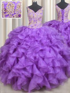 Purple Organza Lace Up Vestidos de Quinceanera Sleeveless Floor Length Beading and Appliques and Ruffles