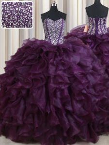 Excellent Dark Purple Lace Up Quince Ball Gowns Beading and Ruffles Sleeveless Floor Length