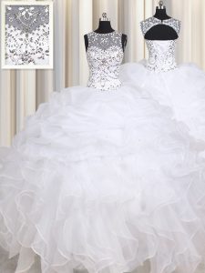 Cute Straps White Sleeveless Organza Lace Up Quinceanera Gowns for Military Ball and Sweet 16 and Quinceanera
