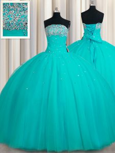 Strapless Sleeveless Tulle Sweet 16 Dresses Beading and Sequins Lace Up