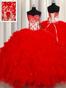 Superior Sequins Floor Length Red Quinceanera Gown Sweetheart Sleeveless Lace Up