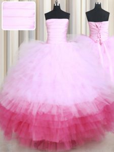 Hot Selling Multi-color Strapless Neckline Ruffled Layers Ball Gown Prom Dress Sleeveless Lace Up