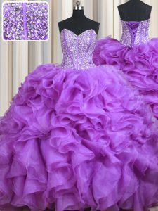 Comfortable Lilac Lace Up Sweetheart Beading and Ruffles Quinceanera Dress Organza Sleeveless Sweep Train