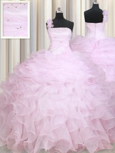 One Shoulder Floor Length Zipper Quinceanera Dresses Baby Pink for Military Ball and Sweet 16 and Quinceanera with Beadi