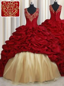 Affordable Red Taffeta Lace Up V-neck Sleeveless Quinceanera Dresses Sweep Train Beading and Appliques and Pick Ups