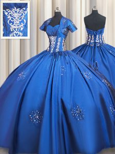 Lovely Blue Ball Gowns Taffeta Sweetheart Short Sleeves Beading and Appliques Floor Length Lace Up Quinceanera Dress