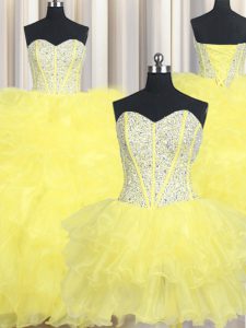 Three Piece Floor Length Ball Gowns Sleeveless Yellow Quinceanera Gowns Lace Up