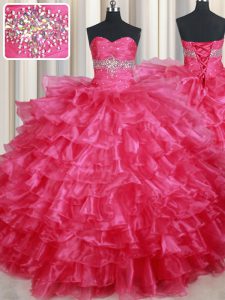 Captivating Coral Red Organza Lace Up Quinceanera Gowns Sleeveless Floor Length Ruffled Layers