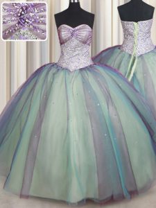 Tulle Sweetheart Sleeveless Lace Up Beading and Sequins Quinceanera Gown in Multi-color