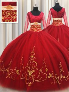 Low Price Red Ball Gowns Tulle Square Long Sleeves Beading and Embroidery Floor Length Zipper Sweet 16 Dresses