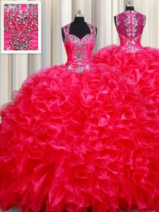 Pretty Straps Sleeveless Zipper 15th Birthday Dress Red Organza