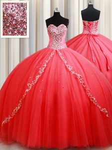 Sexy Floor Length Lace Up Quinceanera Dress Coral Red for Military Ball and Sweet 16 and Quinceanera with Beading and Ap
