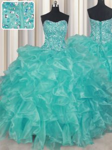 Fantastic Floor Length Turquoise Quinceanera Dress Organza Sleeveless Beading and Ruffles