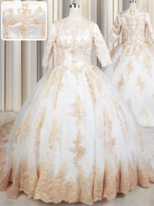 Fine White Scoop Zipper Beading and Lace and Appliques 15 Quinceanera Dress Court Train Half Sleeves