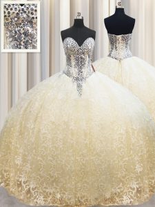 Dynamic Champagne Ball Gowns Organza Sweetheart Sleeveless Beading and Appliques Floor Length Lace Up Quinceanera Gown