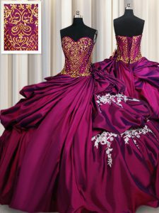 Amazing Fuchsia Ball Gowns Beading and Appliques and Pick Ups 15th Birthday Dress Lace Up Taffeta Sleeveless Floor Lengt