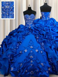 Suitable Royal Blue Taffeta Lace Up Sweetheart Sleeveless Floor Length 15 Quinceanera Dress Beading and Embroidery and S