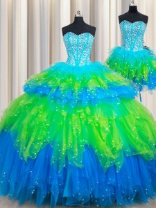 Three Piece Sweetheart Sleeveless Tulle 15 Quinceanera Dress Beading and Ruffled Layers Lace Up