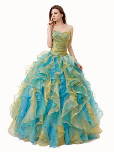 Floor Length Lace Up 15 Quinceanera Dress Multi-color for Military Ball and Sweet 16 and Quinceanera with Beading and Ru