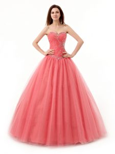 Sophisticated Watermelon Red Tulle Lace Up Quinceanera Dresses Sleeveless Floor Length Beading and Ruching