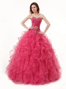 Elegant Coral Red Sleeveless Beading and Ruffles Floor Length Ball Gown Prom Dress