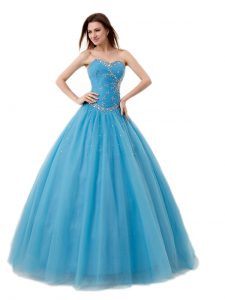 Sleeveless Tulle Floor Length Lace Up Quince Ball Gowns in Baby Blue with Beading and Ruching