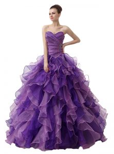 Dynamic Purple Sweetheart Neckline Beading and Ruffles and Ruching Quinceanera Gown Sleeveless Lace Up