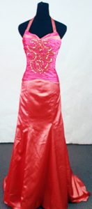 Inexpensive Column Halter-top Red Prom Holiday Dress with Appliques in Taffeta