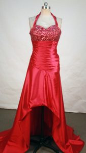 Pretty Halter-top High-low Taffeta Junior Prom with Beadings and Ruches in Red