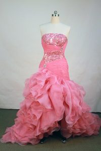 Rose Pink Strapless Beaded Prom Party Dress with Ruches and Ruffles in Organza