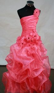 Hot Pink One Shoulder Organza Prom Attire with Handmade Flowers and Pick-ups